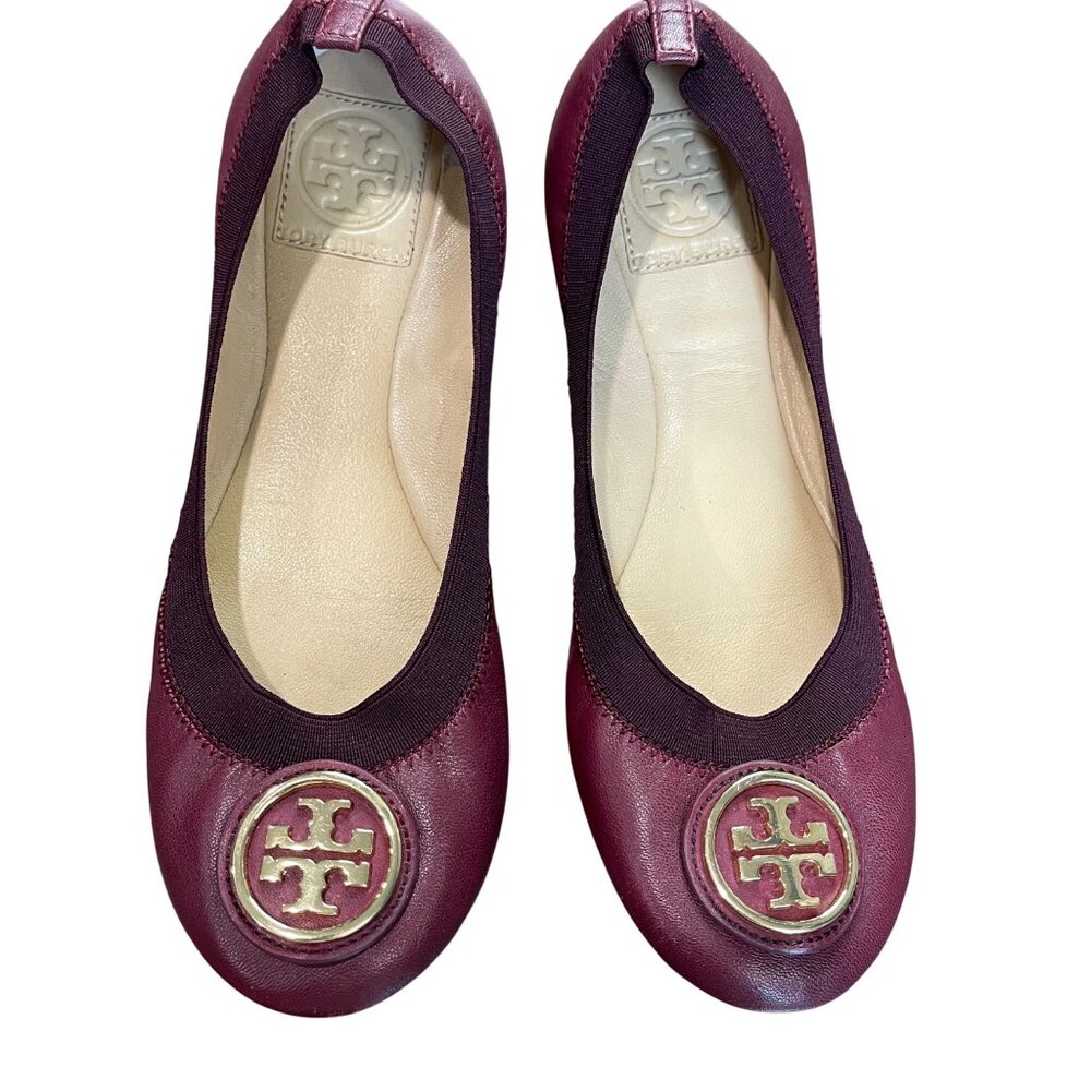 TORY BURCH Caroline 2 Leather Ballet Flat Women's Size 7M Gold Logo Wild Plum